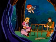 Zelda and Link starting to build the wooden dragon with Kid Icarus' help.