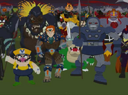 Evil characters marching. The Wario look-alike is on the left, while the Bowser look-alike is in the center, behind Ganondorf and Darkseid look-alikes.