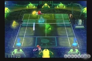 Gameplay scene of the Luigi's Mansion court in Mario Power Tennis.