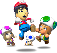 Official artwork showing the Mii characters dressed as Mario and the Toads.