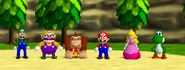 The six selectable characters in the first Mario Party, as seen in the game's opening.