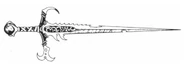 A sword with an unusually long crossguard, and a pommel shaped like a talon.