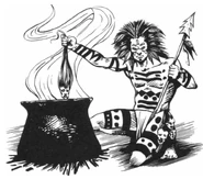 A headhunter preparing a head in a cauldron.