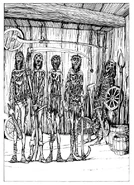 Four tool-wielding zombies standing motionless within a room.