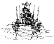 Lord Mortis borne upon a palanquin of some kind by four skeletons.