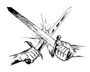 A pair of swords clashing in a duel.