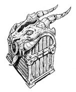 A chest surmounted with what appears to be a dragon's skull.