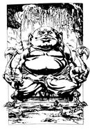 A statue with gemstone eyes flanked by two flying guardians.