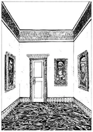 A portrait of Oldoran Zagor on the left wall of a room, amongst other spellcaster portraits.