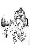 A hunter mounted upon a horse, with hunting dogs following at their heels.