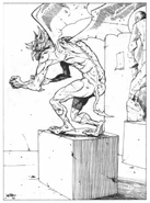 A gargoyle moving from its plinth, in a room of statues.