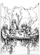Four dwarves, amongst them Ragan Battleaxe, playing cards and smoking in a room.