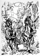 Horses pulling the carriage of Lord Varek Azzur, driven by his coachman Strom.