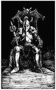 Lord Mortis seated upon a throne, clutching a mace in his hand.