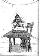 The leprechaun O'Seamus floating above a table.