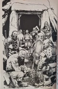 Seven dwarves, including Longbeard, outside King Salamon's Mine, having captured the Shivering Man.