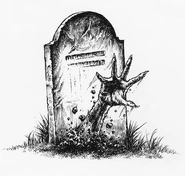 A zombie arm erupting from a grave.