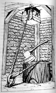 A wooden box suspended in the air by a rope, and an axe with Ropecutter etched into the blade.