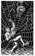 A halfling being menaced by a giant spider.