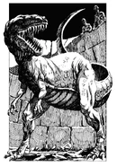 A tyrannosaurus trapped within a pit.