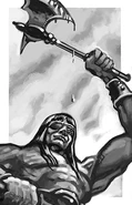 The barbarian Throm holding his axe.