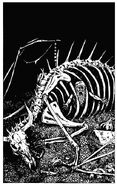 The skeleton of dragon upon its hoard, a dwarf seer within its ribcage.