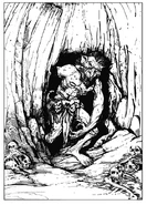 A cave troll emerging from its bone-strewn lair.