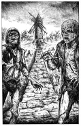 Zombies blocking the path to a windmill.