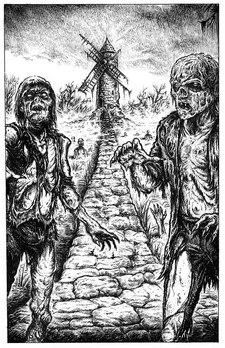 Several  in front of a windmill.