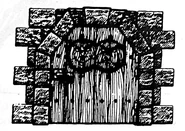 A smiling face and a scowling face upon a door iin the second Deathtrap Dungeon.