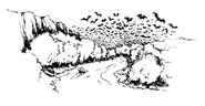 A colony of bats flying over a landscape.