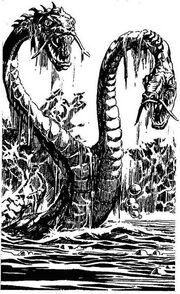 A two-headed hydra rearing from a swamp.