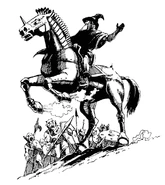 What appears to be a hobgoblin confronting the Wizard of Lake Mlubz atop his metal horse.
