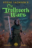 Zharradan's face in the background of a cover of The Trolltooth Wars (graphic novel).
