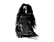 The silhouette of a lizard person with a gonchong attached, at the top of a flight of stairs.