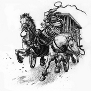 An orc driving a horse-drawn wagon full of captives.