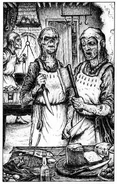 Three zombies, one serving as a cook and two as servants.