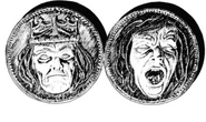 Two faces upon what appear to be coins, the left appearing to be a ruler of some kind.