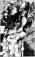 A dwarf showing off a dancing bear to a crowd.