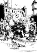 An orc in a group, watching a rhino-man prepare for a spar.