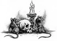 Two rats beside a candle and a skull.