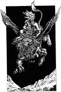 A barbarian girl using a griffin as a mount.