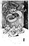 An image of a tatsu-like dragon above three monks of the Wazarri religion.