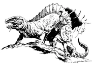 An elf standing next to a spinosaurus.