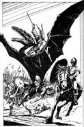 A lizard man upon a pterodactyl attacking a rider on horseback.