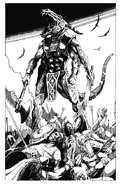 A four-armed mutant lizard man champion, howling atop a mound of corpses.