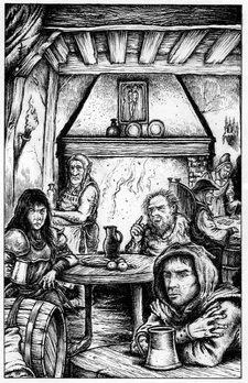 A picture of a hanged man in  inn.