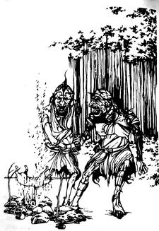 A pair of  cooking a rabbit on a spit.