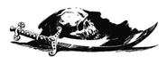 A curved sword next to a skull.