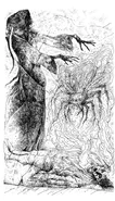 A depiction of a cloaked figure, conjuring a spider from the body of an elf.